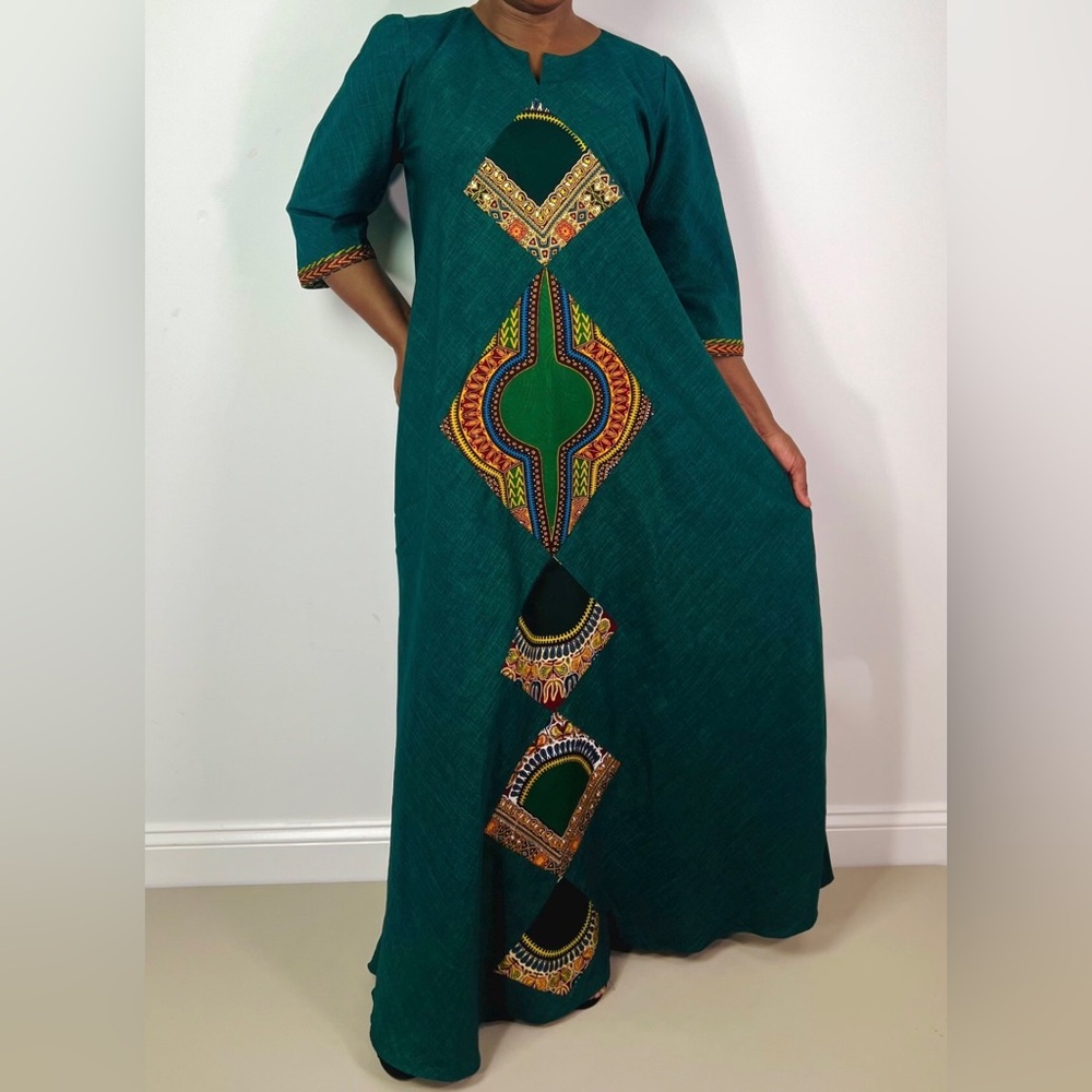 Forest Green Dashiki Print Detail Maxi Notch Neck Dress